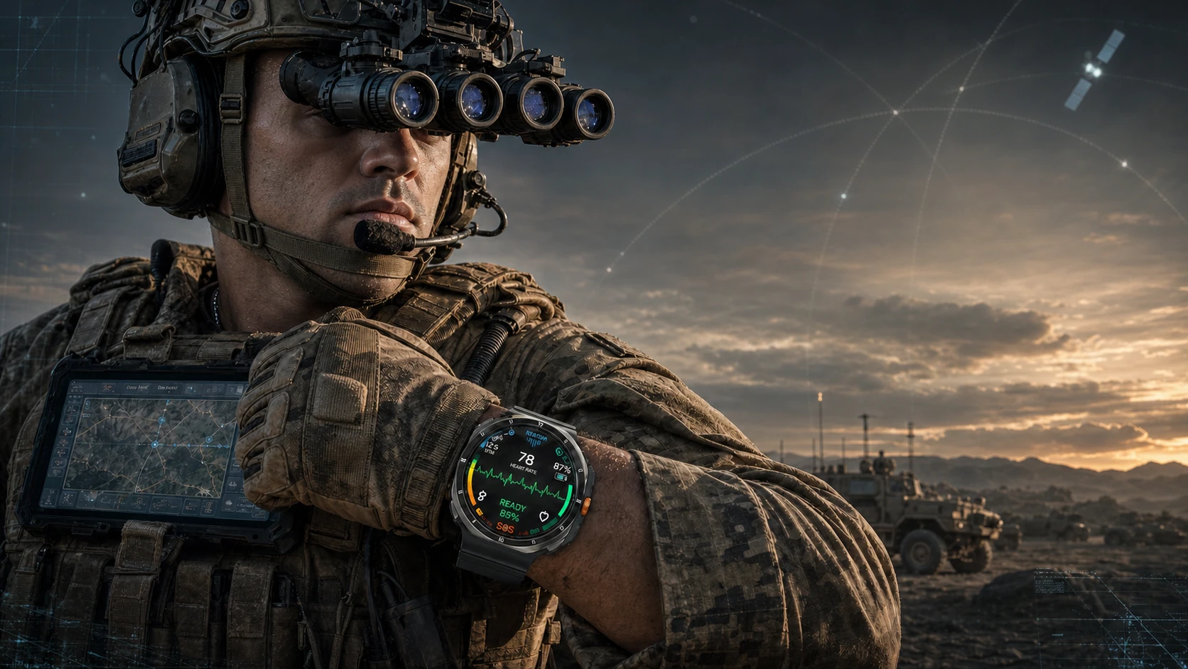 Soldier using a rugged Samsung Galaxy Watch in a field environment